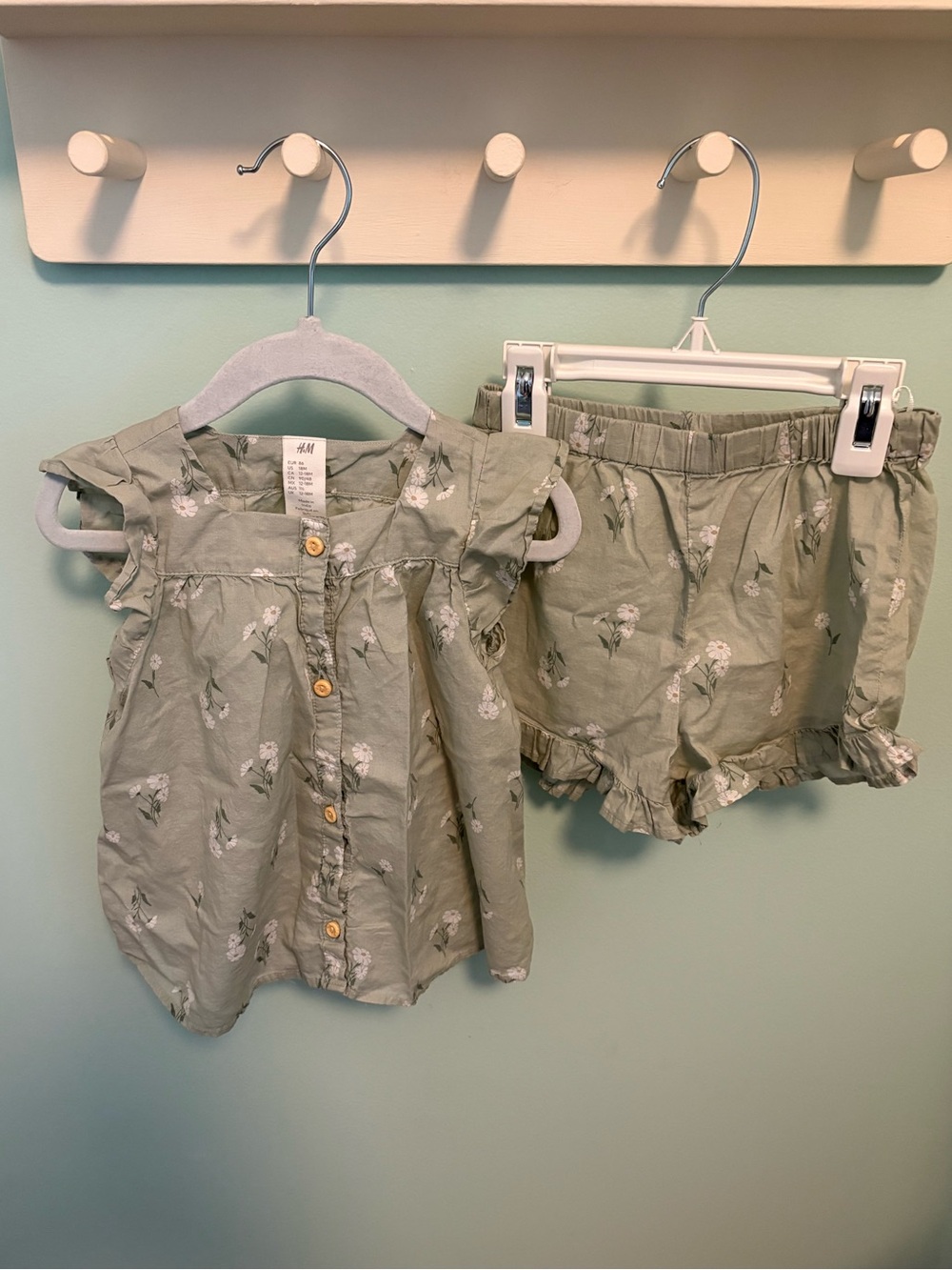 H&M Sage Green Floral Button-Up Top & Ruffle Shorts Set